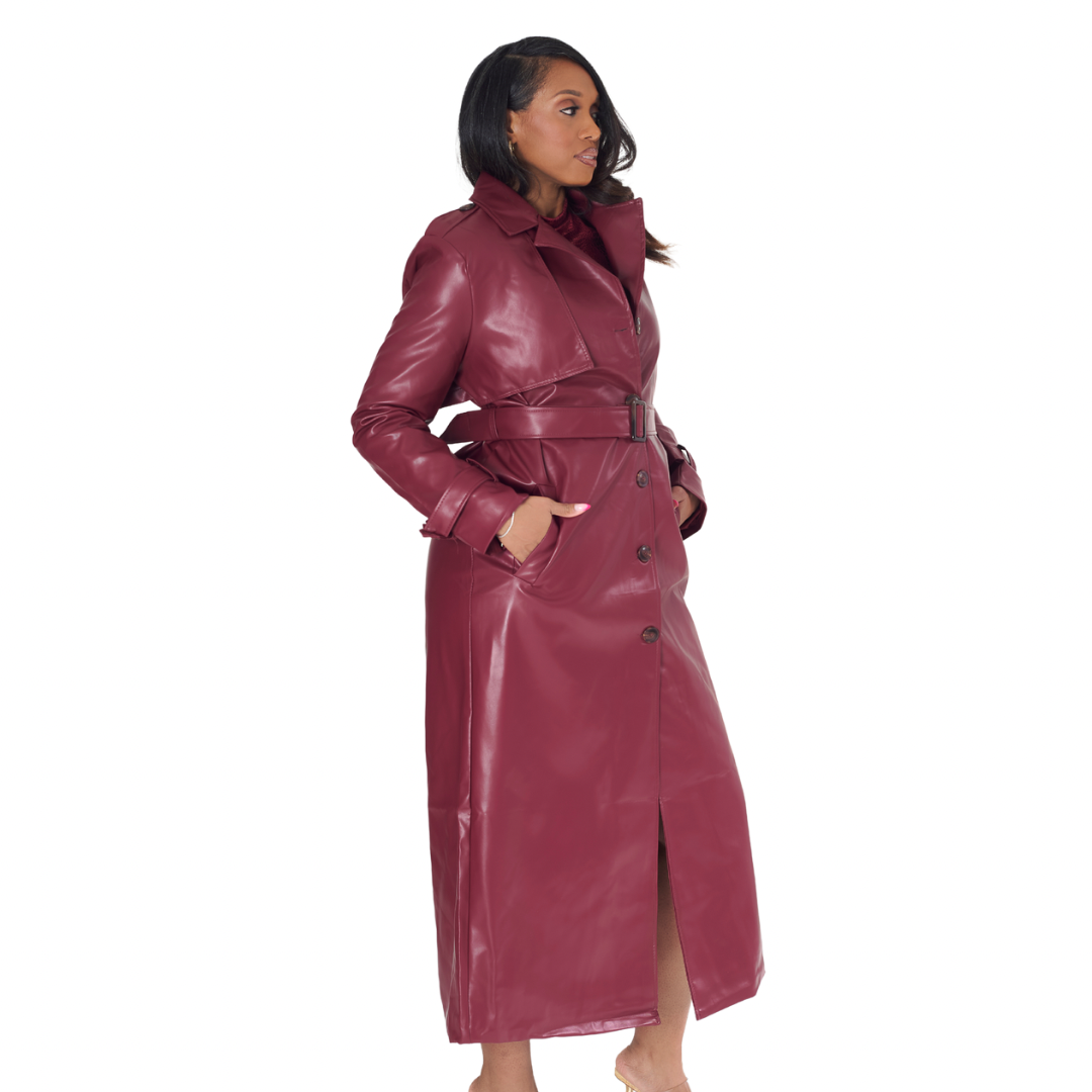 Burgundy Faux Leather Oversize Trench Coat