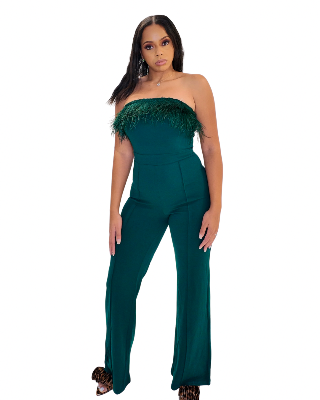 Hunter Green Feather Jumpsuit