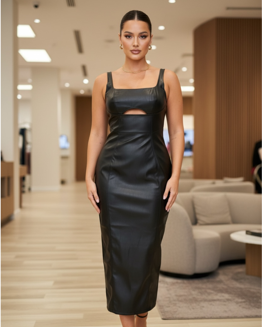 Rebel Luxe Black Faux Leather Midi Dress