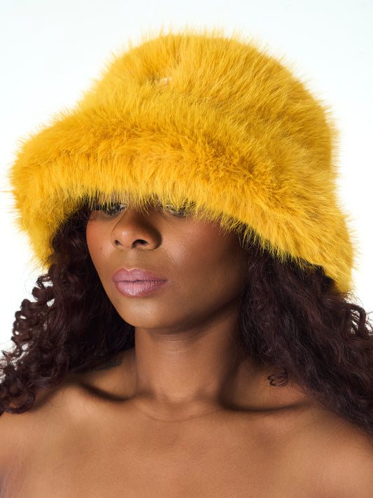Fuzzy Faux Fur Bucket Hat Mustard
