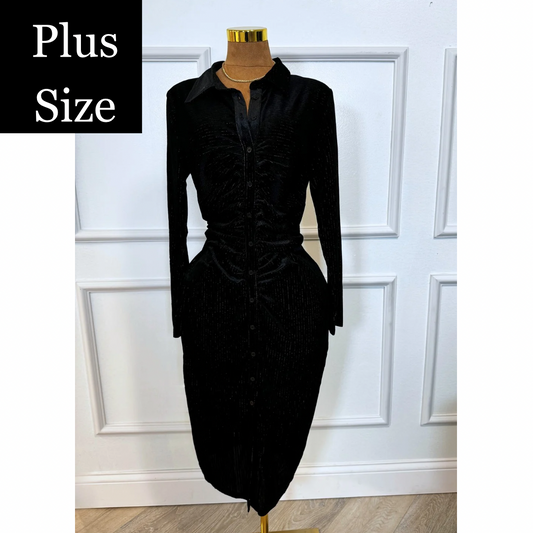 Black Plus Textured Fabric Button Down Dress
