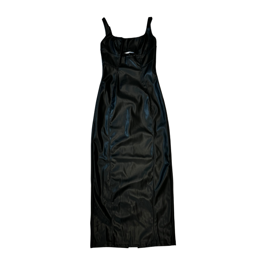 Black Sleeveless Faux Leather Cut Out Midi Dress