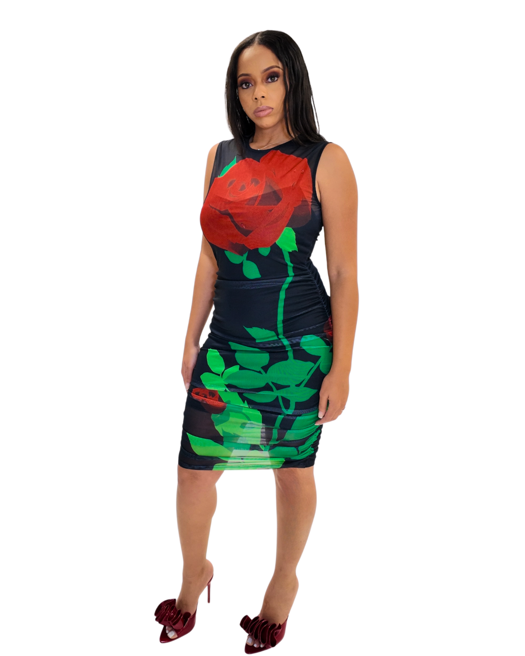 Floral Print Ruched Mesh Mini Dress