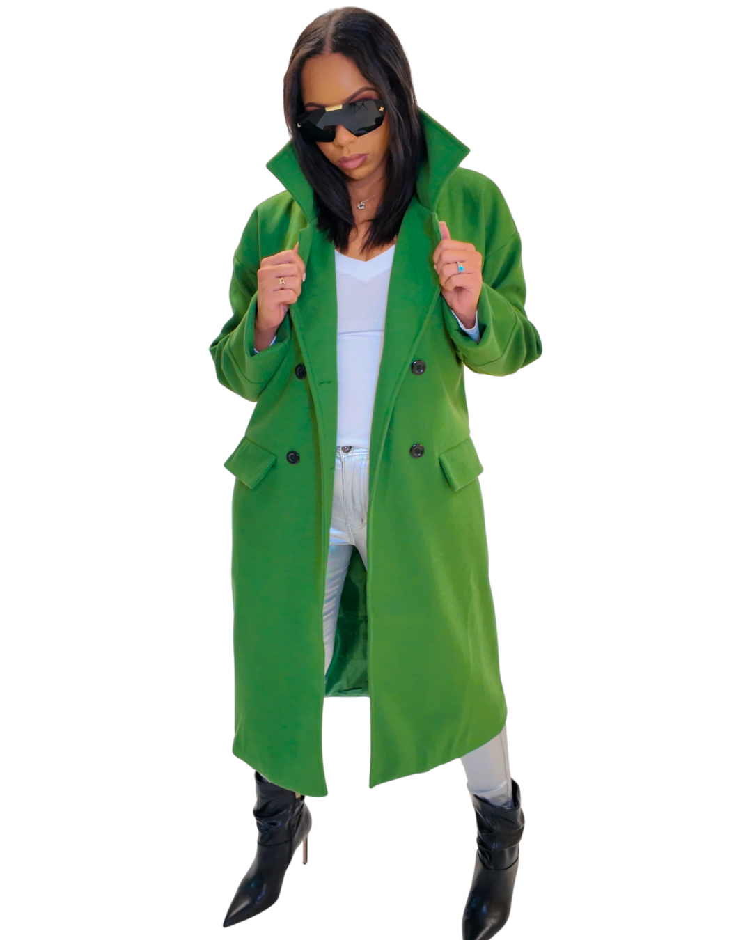 Green Double Breasted Long Trench Coat
