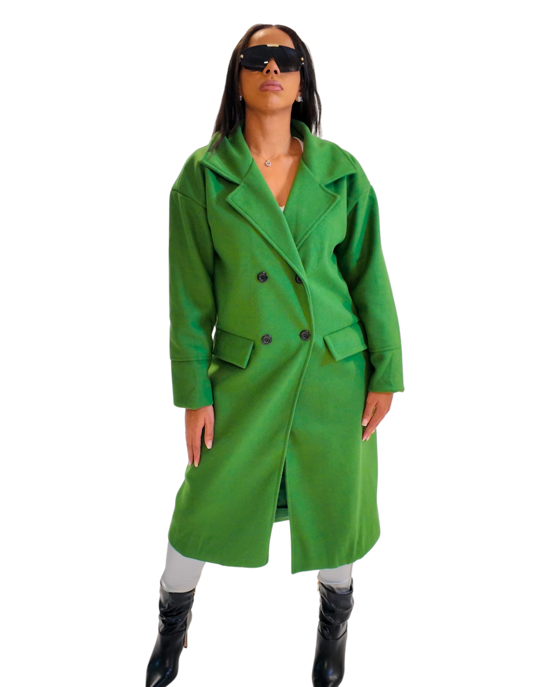 Green Double Breasted Long Trench Coat