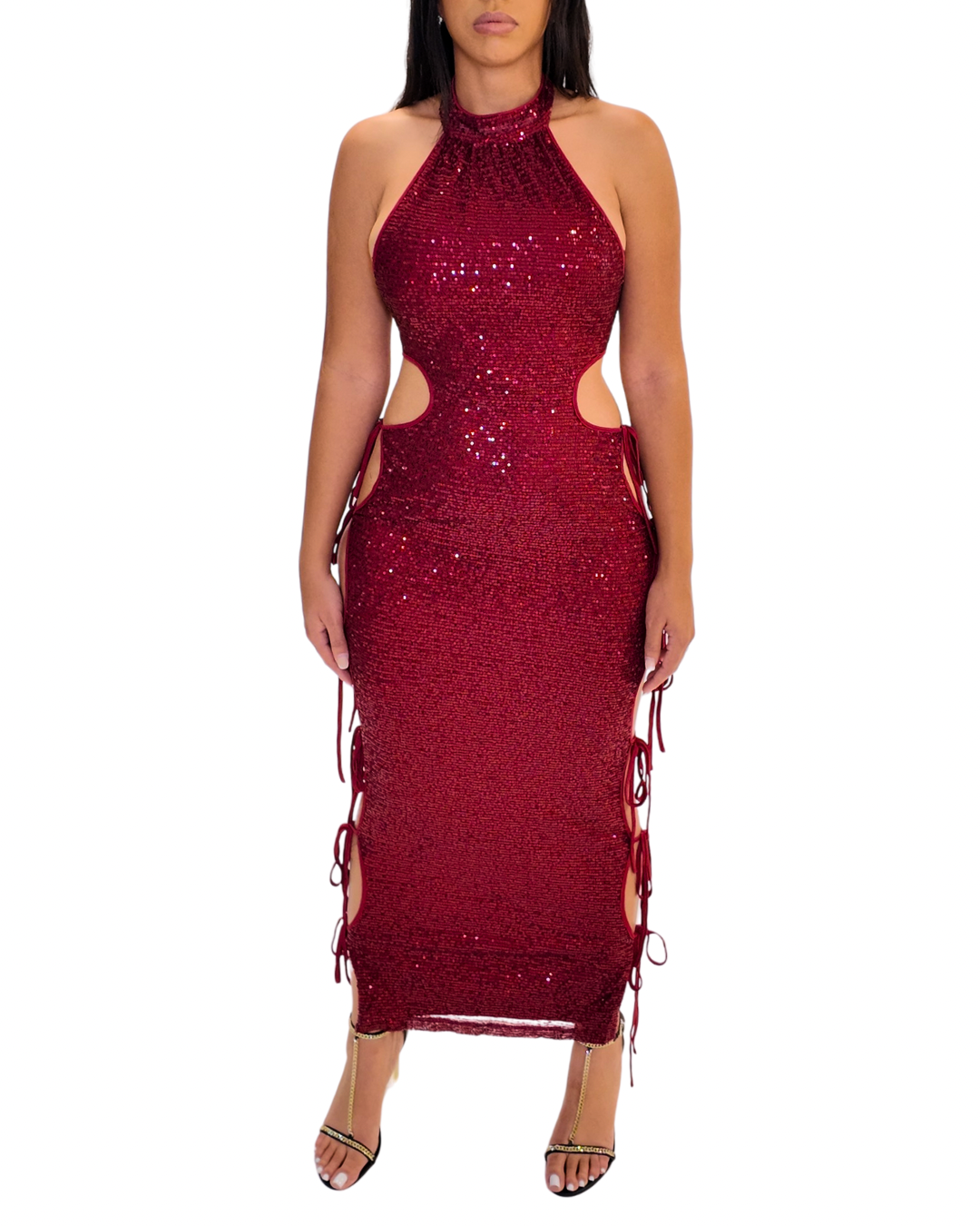 dark red sequin dress Red Sequin Plunge V Backless Mermaid Maxi Dress with Slit Red / 00 / Sequins