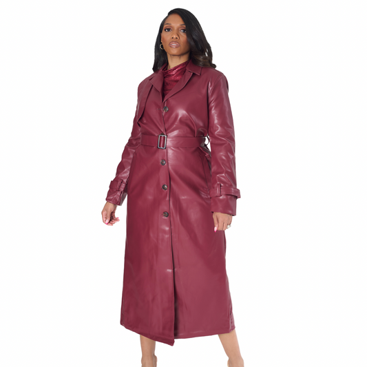 Burgundy Faux Leather Oversize Trench Coat