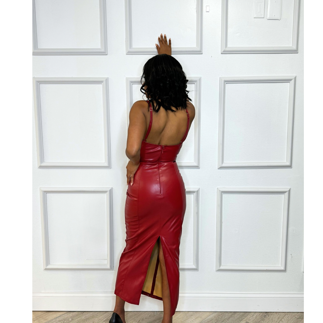 Black Sleeveless Faux Leather Cut Out Midi Dress