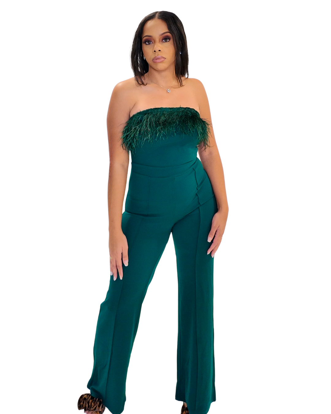 Hunter Green Feather Jumpsuit
