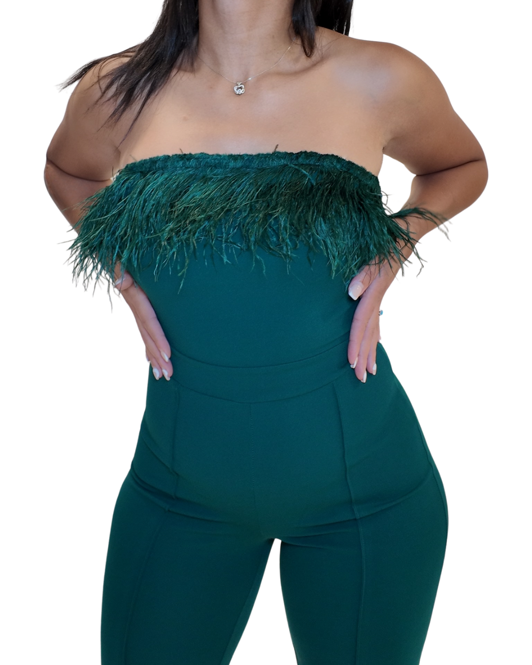 Hunter Green Feather Jumpsuit