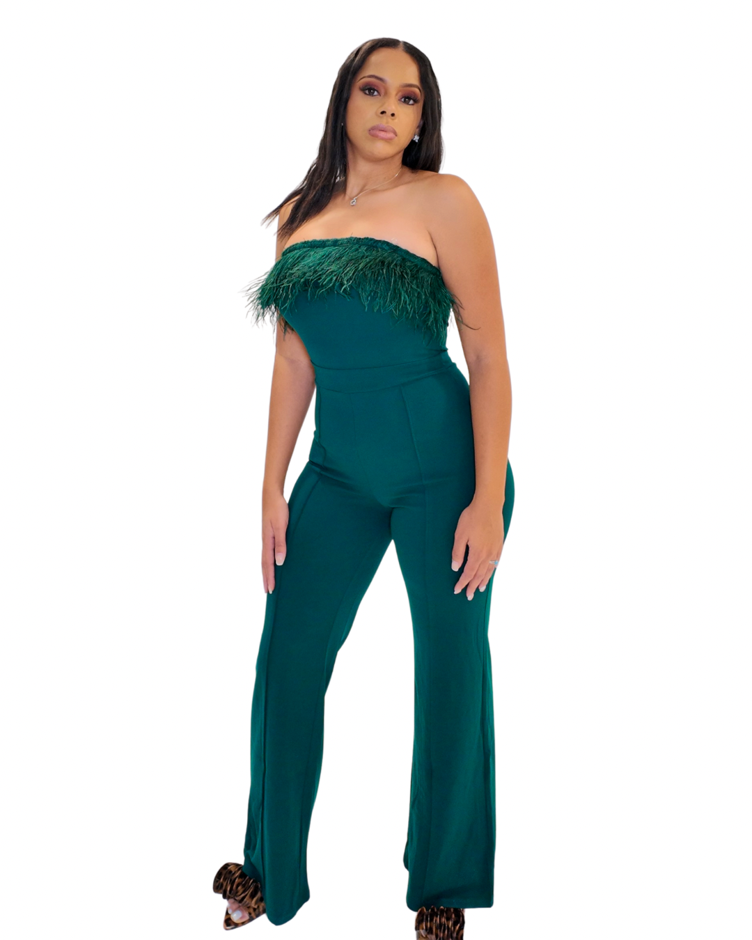 Hunter Green Feather Jumpsuit