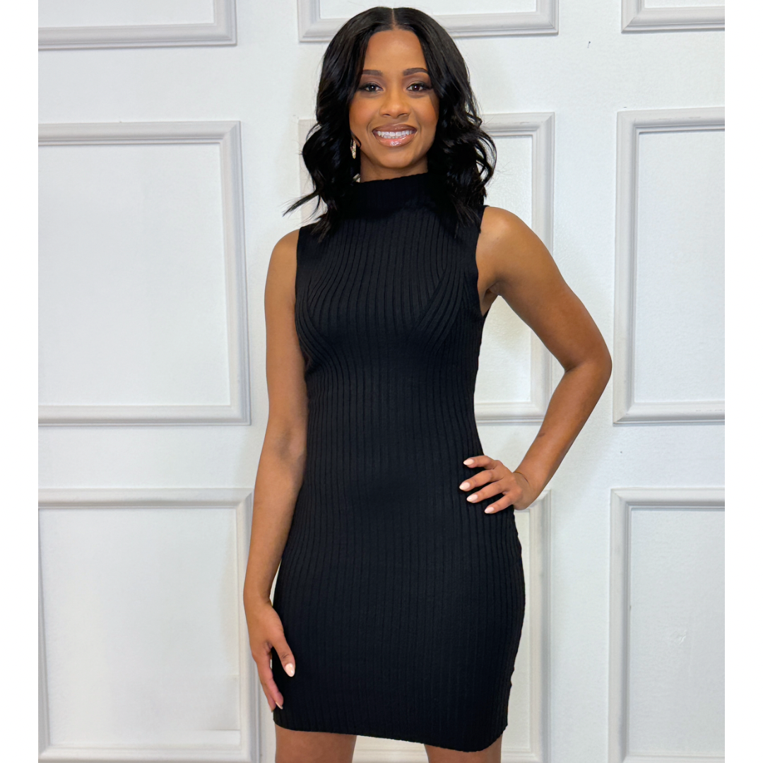 Black Mock Neck Sleeveless Rib Knit Mini Dress Rebel by Lily B. Black Mock Neck Sleeveless Rib Knit Mini Dress Rebel by Lily B.