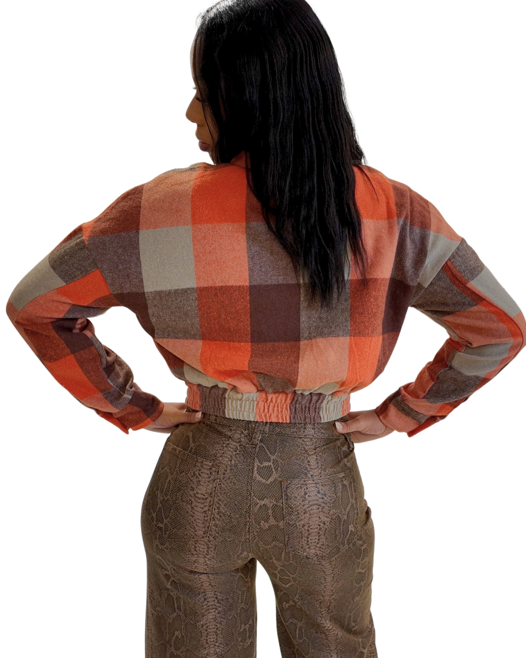 Orange Plaid Long-Sleeve Jacket