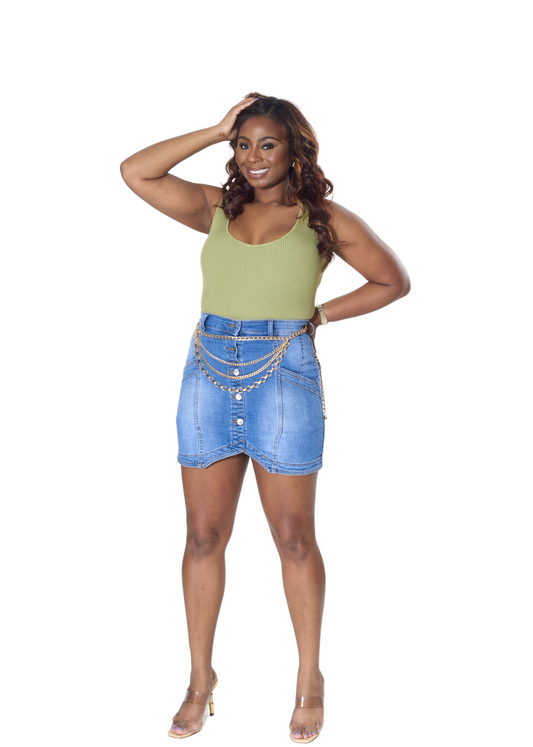 Button Front Denim Mini Skirt