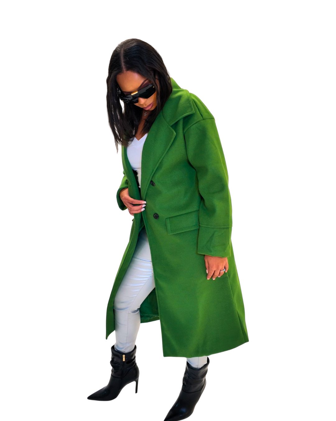 Green Double Breasted Long Trench Coat