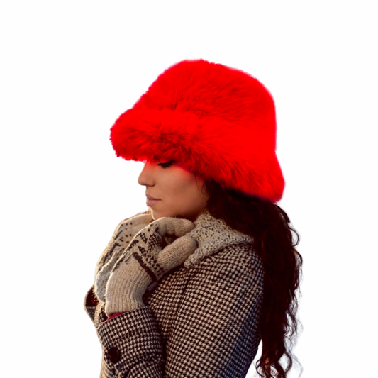 Fuzzy Faux Fur Bucket Hat Red